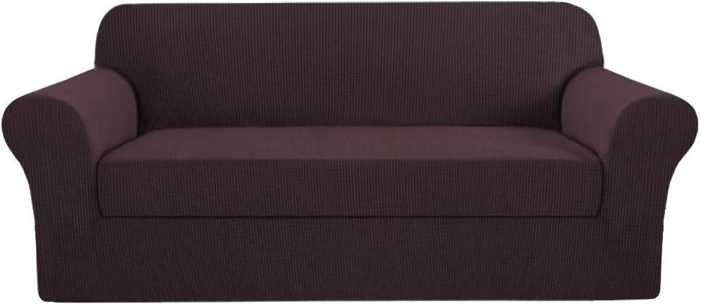 H.VERSAILTEX 2 Piece Couch Covers Stretch Sofa Cover/Slipcover Furniture Protector Couch Suit for T Cushion/Box Cushion Spandex Jacquard Fabric Small Checks(Sofa 72"-88", Brown)