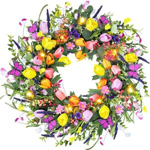 24 Inch Spring & Summer Artificial LED Tulip Wreath with LED Lights, Multicolor, for Easter, Holidays & Celebrations