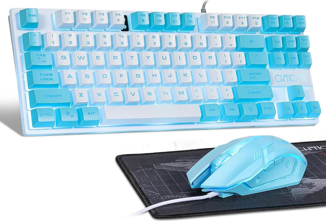 CHONCHOW Blue Keyboard and Mouse Combo, 87 Keys TKL USB Wired LED Light Up Backlit Keyboard, 800-3200 DPI RGB Mouse, Blue Mouse and Keyboard Combo for PS4 PS5 PC Laptop Mac Computers