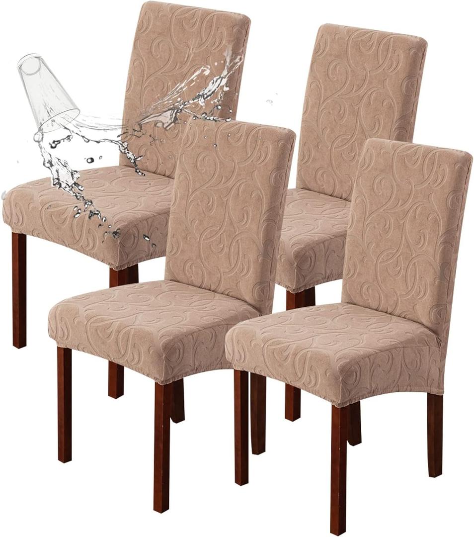 Genina Waterproof Dining Room Chair Covers 4 Pack Stretch Parsons Chair Slipcovers for Dining Room Kitchen Chair Protector Cover, Removable, Washable (4, Flower Pattern-Khaki)