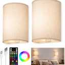 EZVALO Battery Operated Wall Sconce, Rechargeable Wall Sconces Set of Two with Remote, 3 Color & 80 RGB Wireless Wall Lights, Dimmable, Timer, Fabric Linen Shade Wall Decor for Bedroom, Living Room