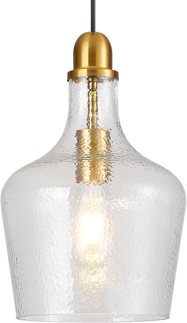 Glass Pendant Light Modern Brass 1 Light Single Dome Pendant Lighting Fixtures for Kitchen Island Dining Room Hallway, Dia 9 Inch, E26, UL Listed (Hammered)