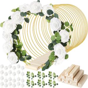 15 Pcs Metal Floral Centerpiece Table Decorations Hoop Centerpiece with Stand Gold Centerpieces for Table 15 Wooden Holders 30 Artificial Flowers 30 Leaves for Wedding DIY Craft Decor(10 Inch,White)