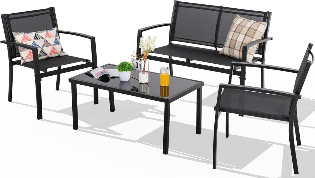 Shintenchi 4 Pieces Patio Furniture Set All Weather Textile Fabric Outdoor Conversation Set, with Glass Coffee Table, Loveseat, 2 Single Chairs for Home, Garden, Lawn, PorchBlack