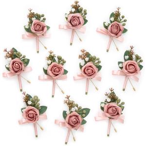Serwalin 10Pcs Boutonniere for Men, Pink Groom and Best Man Boutonniere, Artificial Flowers for Wedding Decor, Prom, Homecoming, Ceremony Anniversary, Formal Dinner Party