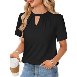 Rooscier Women's Dressy Casual Blouses Pleated Keyhole Short Sleeve Work Shirts Tops, Large, Black