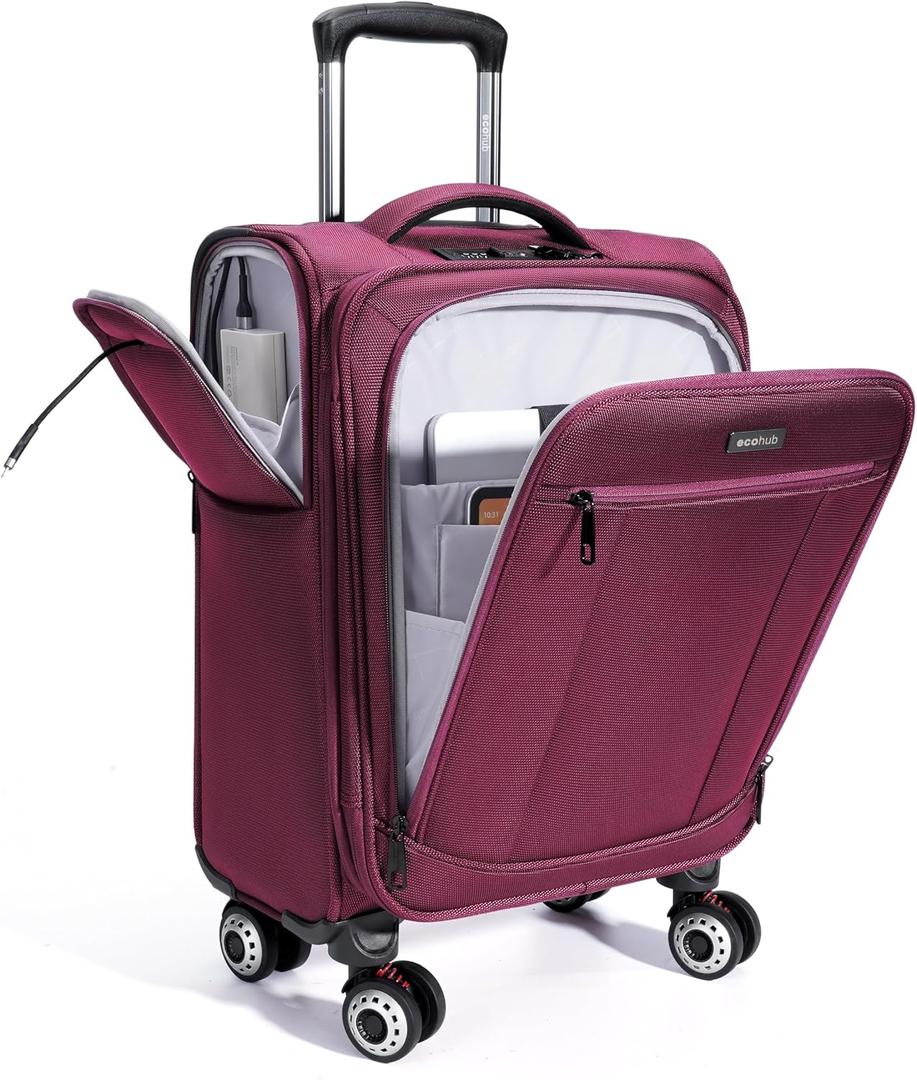 ECOHUB Carry On Luggage Airline Approved, 21 Inch Height Softside Carry On Suitcase with Spring Shock-Absorbing Spinner Wheels, Lightweight Travel Luggage with TSA Lock, Fits 22x14x9 Carry-On Bag