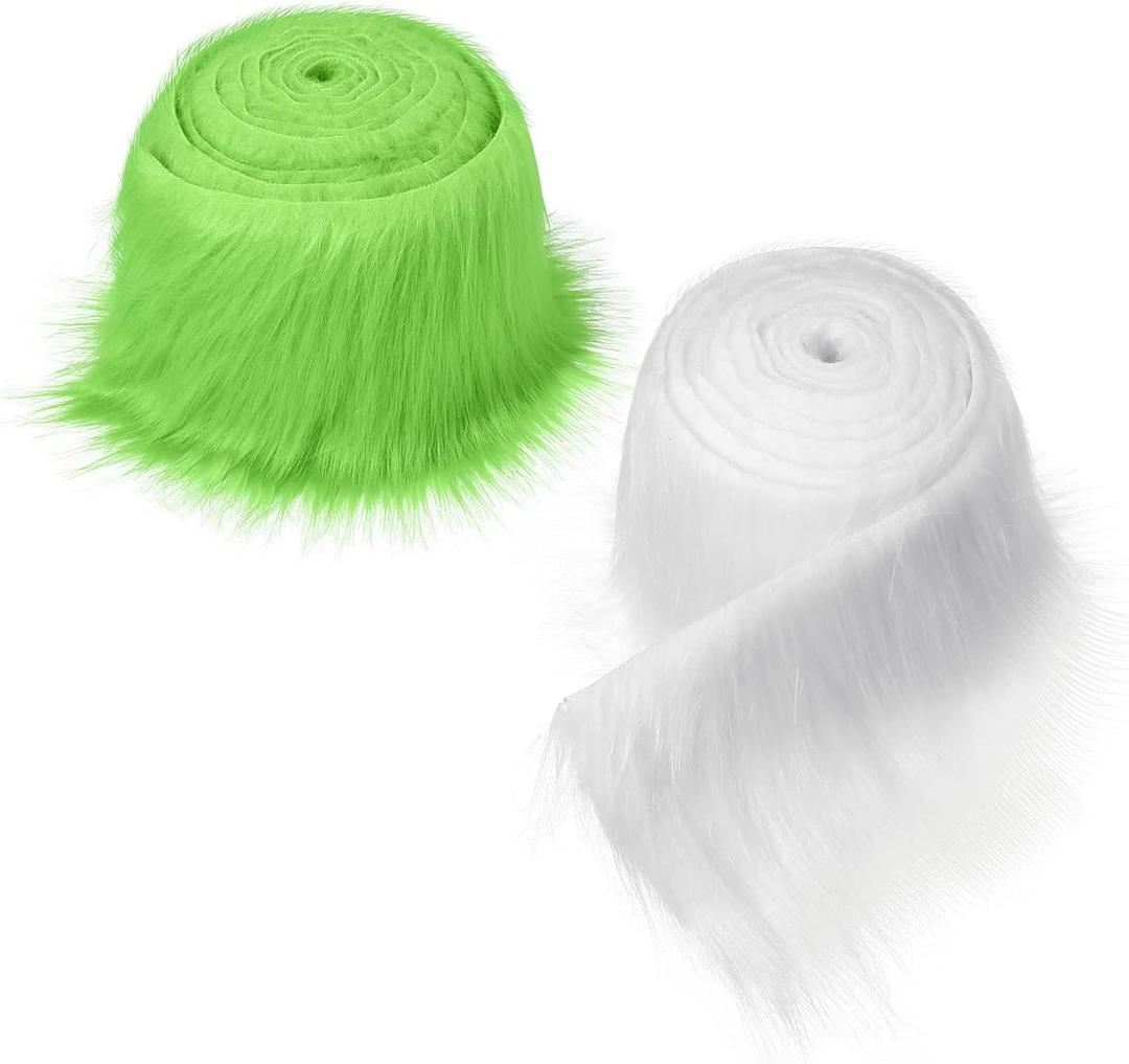 2 Pcs 3.94 * 70.87 Inch Faux Fur Fabric for Crafts Shaggy Plush Faux Fur Fabric White Faux Fur Green Craft for DIY Christmas Winter Gnome Beard Doll Costume Camera Floor Mats Decor