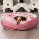 Furhaven 27" Round Calming Donut Dog Bed for Medium/Small Dogs, Washable, For Dogs Up to 45 lbs - Plush Velvet Waves Hooded Donut Bed - Rose Pink, Medium