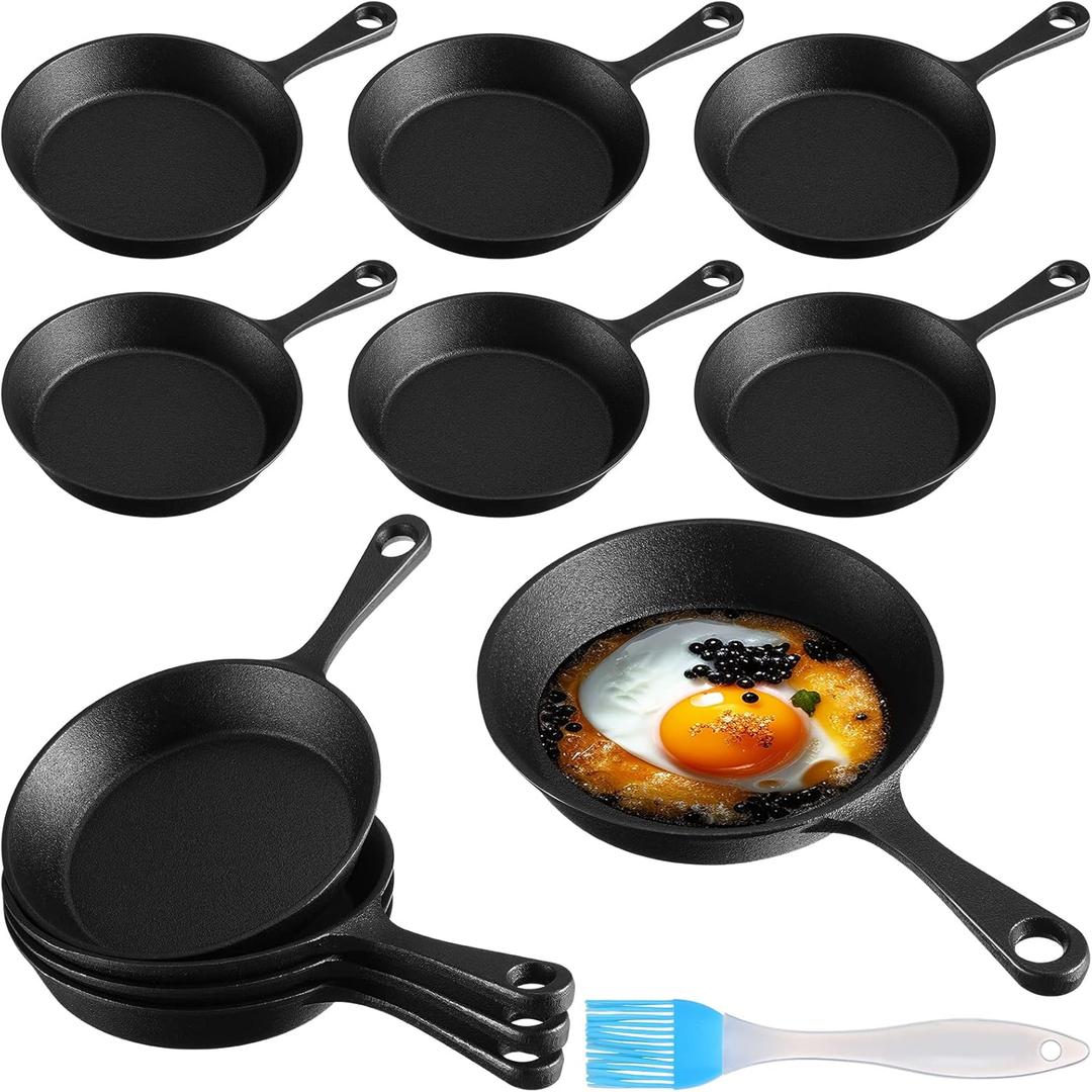 Skylety 10 Sets 6. 3 Inches Mini Cast Iron Skillets Small Black Sizzling Plate Cast Iron Skillets Frying Pan Set with Oil Brush for Indoor Outdoor Restaurant Kitchen