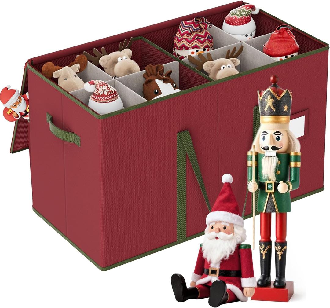 Christmas Figurine Storage Box for 15-Inch Figurines and Nutcrackers, Holiday Decor Organizer with Adjustable Dividers, 8 Slots and 2 Pockets, Dual Zippers, 600D Oxford, 24.8"x12.2"x15.2" ,Red