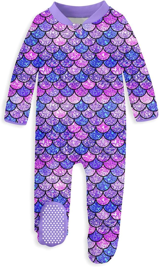 Uideazone Baby Girls Footed Pajamas Zip-Front One-Piece Sleeper Non-Slip Footie Cute Pattern Jumpsuit PJs 0-3 Month (Mermaid Purple)