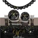 Sparkle and Bash 90th Birthday Party Supplies and Decorations for 24 Guests, Black and Gold Plates, Napkins, Cups, Tablecloths, Banner - Plate Napkin Party Supply