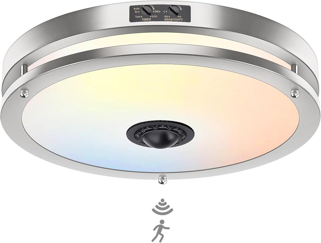 24W LED Motion Sensor Outdoor Ceiling Light, 12IN 2700K/3000K/3500K/4000K/5000K Adjustable Ceiling Lights, Dusk to Dawn Flush Mount LED Ceiling Light Fixture for Porch, Garage, Nickel