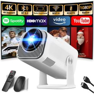 [Projector 2026 Upgraded] Mini Projector Support 4K 1080P Auto Keystone 270°Rotatable with WiFi 6 and Bluetooth 5.2 Projector Portable Compatibile with HDMI/TV Stick/Memory Stick/Laptop,White