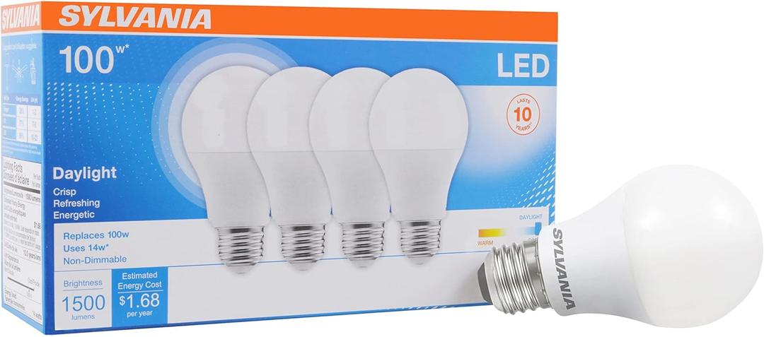 Sylvania LED A19 Light Bulb, 100W Equivalent, Efficient 14W, 1500 Lumens, Frosted Finish, Daylight - 4 Pack (78103)