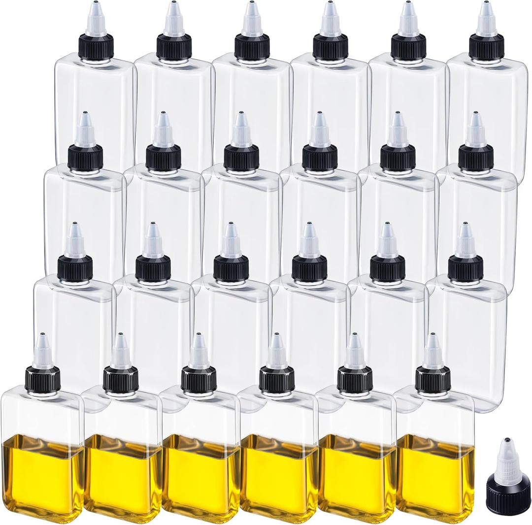 Yaomiao 3.4 oz Small Squeeze Bottles with Twist Top Caps for Liquids, 100ml Condiment Squeeze Containers Plastic Clear Dispensing Bottles for Travel, Camping, Kitchen, Vinegar, Oils, Sauce(24 Pcs)