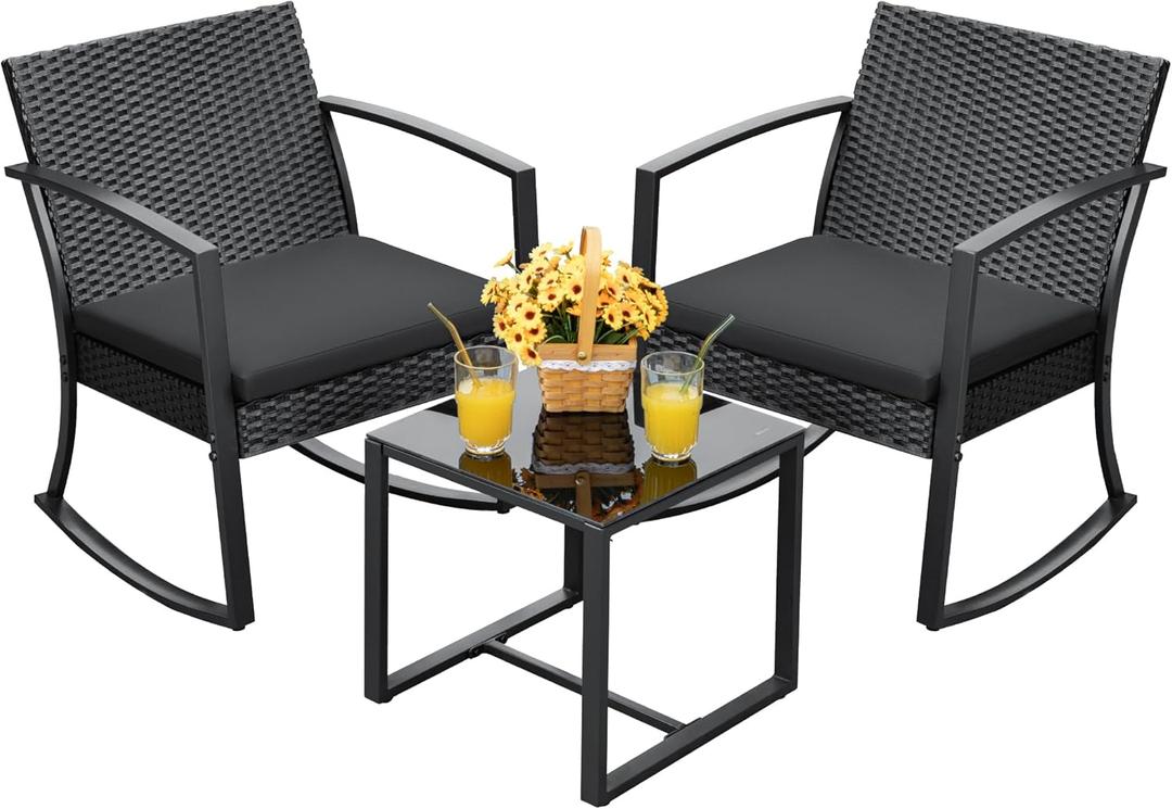 Devoko PP Patio Furniture Set 3 Piece All Weather Outdoor Rocking Chairs with Cushions and Coffee Table for Bistro Balcony Porch (Black)