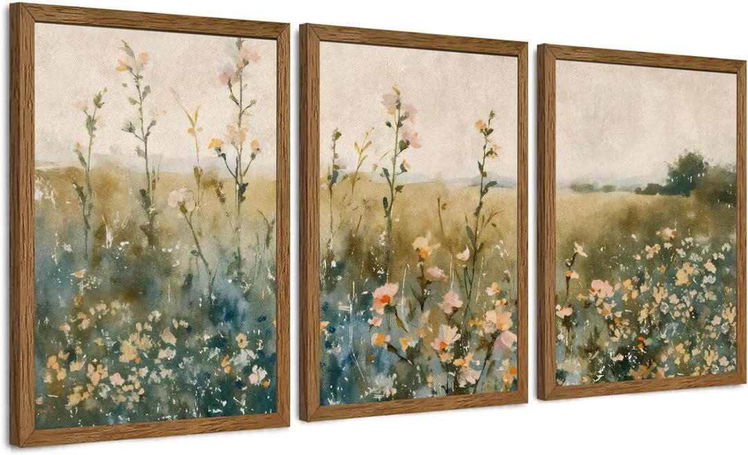 AVECCO 3 Pieces Framed Vintage Wildflower Canvas Wall Art, Nature Floral Artwork Wall Decor, Rural Botanical Art Prints for Bedroom Living Room Office Home Decoration Ready to Hang 20x30 Inch
