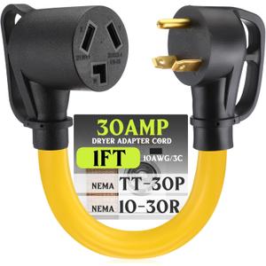 Kanayu 30amp Dryer Adapter Cord Compatible with Nema TT-30p Male to 10-30r Female, 3 Prong Male to 3 Prong Female Power Cord for Rv Generator to Dryer with Handle, Stw 10 Awg/3c, 1ft, Etl Listed (Yellow)