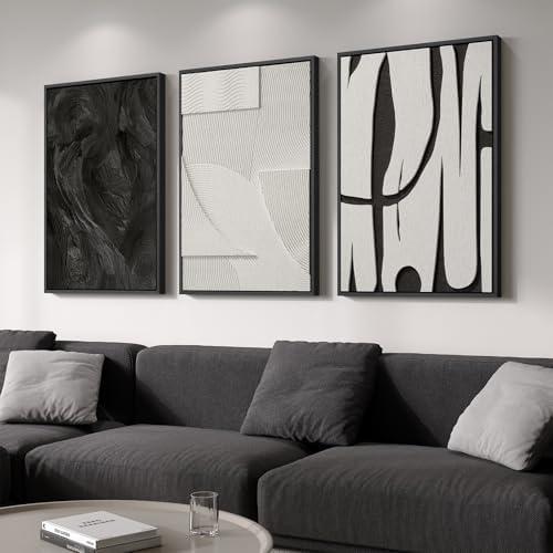 Large 3D Textured Framed Black and White Abstract Wall Art for Living Room, 3 Piece Modern Artwork for Walls, Minimalist Black White Texture Paintings for Hallway Office Wall Decor 24x36 In