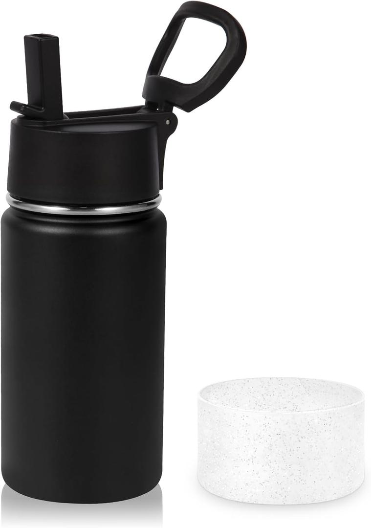 Volhoply 14oz KIds Insulated Stainless Stee Water Bottle with Straw Lid and Silicone Boot,BPA-Free Easy Use for Boys&Girls,Double Wall VacuumLeakproof Bottles(Black,1)