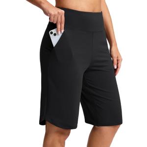 SANTINY 12" Long Bermuda Shorts for Women Knee Length with Pockets High Waisted Stretch Shorts for Summer Walking (Large, Black)