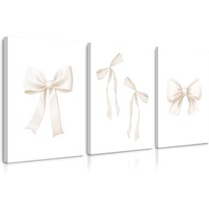 Bow Wall Art Coquette Room Canvas Decor Beige Bow Poster Preppy Wall Deocr Aesthetic Pictures Coquette Girly Posters Nursery Art Prints for Girls Bedroom 16x24 Inch Framed Set of 3