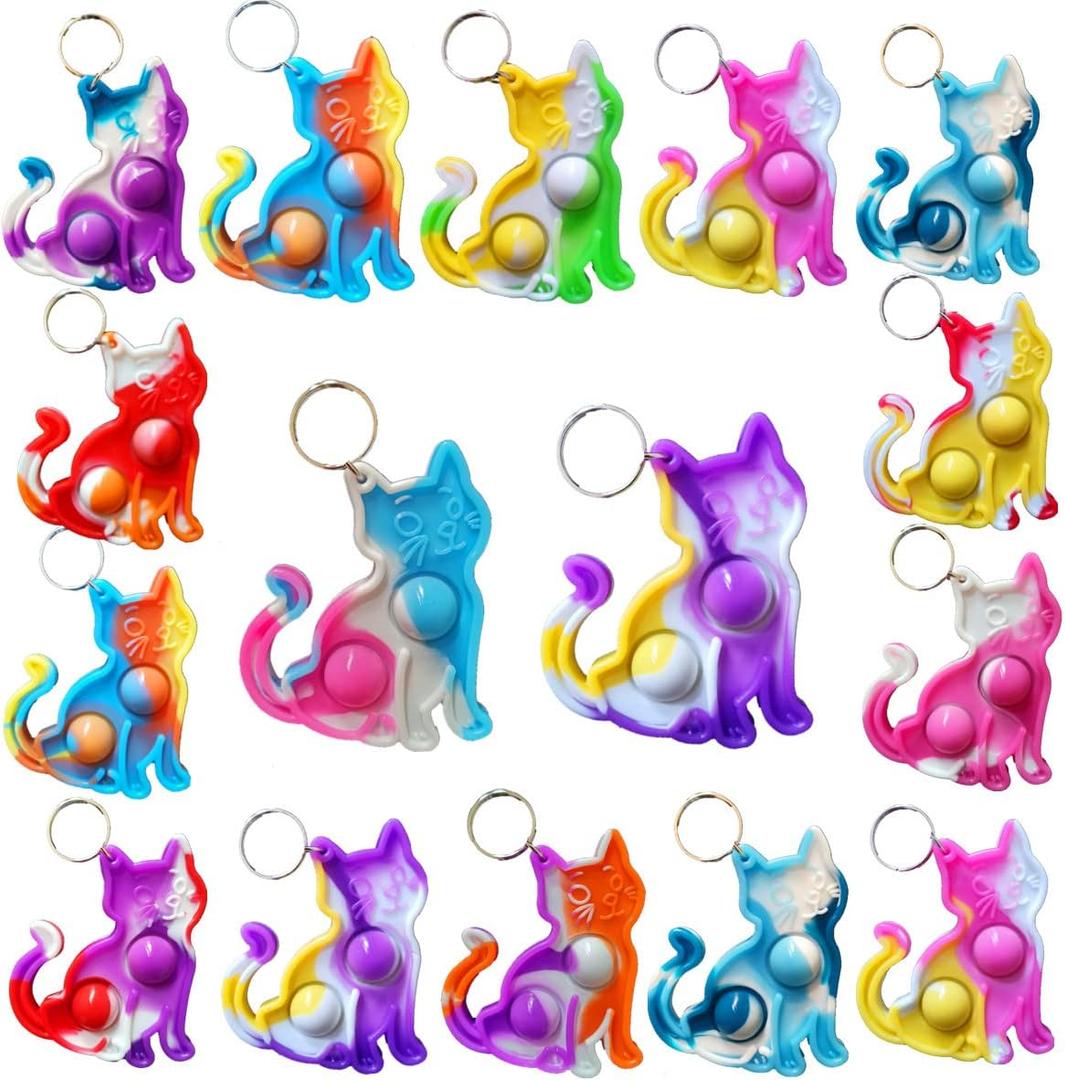 50 Packs Bulk Cat animal Backpack Mini Pop Rainbow Keychain fidgets Bubble Toys for Kids Children Classroom Students gifts from Teacher, Birthday Party Favors