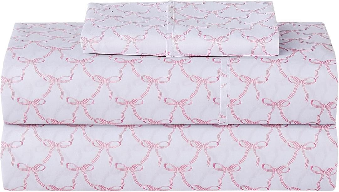 Softan Kids Bed Sheet Set, Girls Full Size Kids Sheets, Microfiber Fitted Sheet and Pillowcase, Breathable and Silky Soft, 4 Piece Pink Bowknot Printed Full Bed Sheet