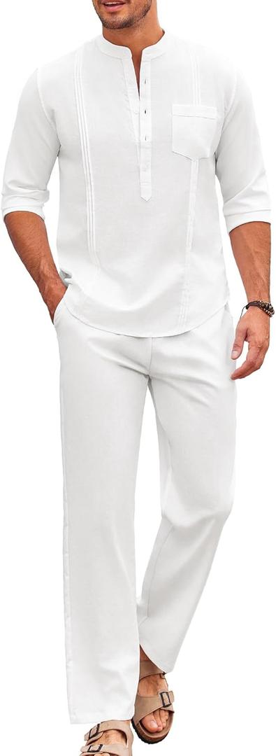 COOFANDY Men's 2 Piece Cotton Sets Casual Long Sleeve Cuban Henley Shirt and Loose Pants Set Beach Vacation Outfits (Large, All White)