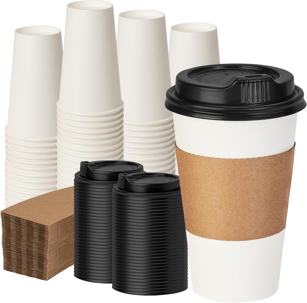 16 oz 100 Pack Coffee Cups with Lids and Sleeves, Hot Paper Coffee Cups with Lids, Disposable To Go Cups with Lid for Coffee, Tea, Hot Chocolate, Ideal for Cafes, Offices and Travel