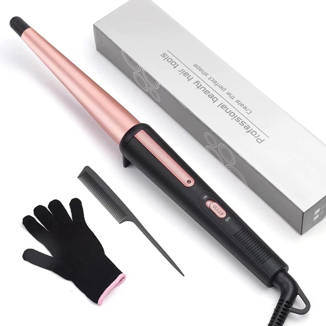 Hair Curling Wand, 0.5-1Inch Tapered Curling Iron, Professional Ceramic Hair Curler Wand with Heat-Resistant Glove, Dual Voltage (Pink) (Gold)