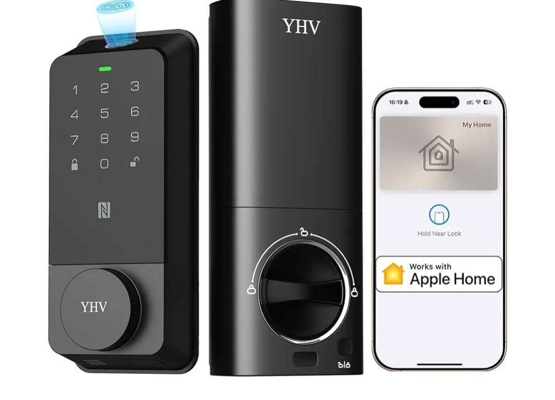 Smart Door Lock with Apple Home Key, Fingerprint Keyless Entry Door Lock Safety Keypad Deadbolt with Code, Built-in Wi-Fi, IP65, Supports Apple Homekit, Alexa, Google for Front Door or Back