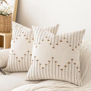 LILEPOY Boho Throw Pillow Covers 18x18 Set of 2 Neutral Decorative Textured Cushion Case Farmhouse Pillowcase Modern Square Pillow Covers for Sofa,Couch, Living Room,Beige and Brown