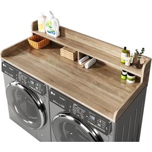 2-Tier Washer and Dryer Countertop with 2.75" H Guard,58" W x 28" D Laundry Countertop Cover with Non-Slip Pad,Large Space Laundry Topper for Folding Clothes Over Washer and Dryer-White Oak, Plus-2 Tier