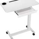 Height Adjustable Overbed Table with Drawer and Wheels, Rolling Standing Laptop Desk, Portable Bedside Tables with Slot, Cup Holder, Mobile Pneumatic Computer Cart, White, 25.6" x 19" x 28"