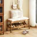 STDDRE Shoe Bench Entryway Bamboo 2-Tier Shoe Rack with Cushion Padded Seat Shoe Bench Organizer Stable for Entry, Hallway, Living Room, Bedroom, Closet (31.5 * 11.4 * 16.5IN, Brown-Beige)