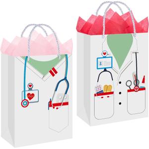 Supervitae 2 Pcs Large Nurse Week Gifts Bag with Tissue Paper and Handle 9.2x5.2x12 Inch Thick Cardboard Nurse Appreciation Graduation Thank You Gifts for Medical Doctor Social Worker (White)