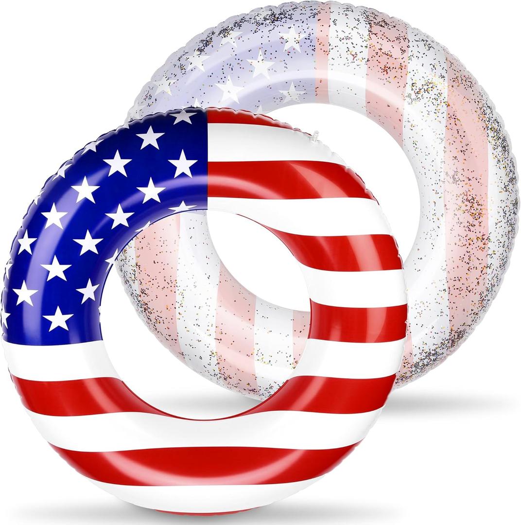 Elcoho 2 Pack Inflatable USA Pool Float Tube USA Flag Swimming Rings Filled with Sparkle Silver Stars Confetti 36 Inches Patriotic Toys Pool Float for Independence Day, Memorial Day, Veterans Day