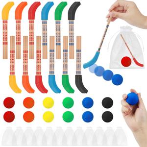 60 Pcs Hockey Party Favors Set, Multicolor Hockey Stick Pencils with Erasers Include 18 Pencils 24 Foam Balls 18 Gift Bags for Hockey Theme Birthday Party, School Classroom Prizes, Goodie Bags Fillers