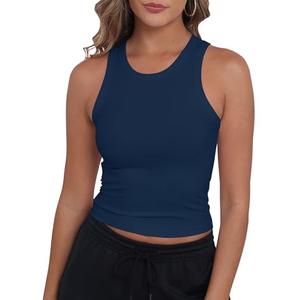 GEMBERA Women Sleeveless Crewneck Ribbed Knit Fitted Casual Basic Racerback Tank Top Tee Shirt(3936 Navy Blue S)