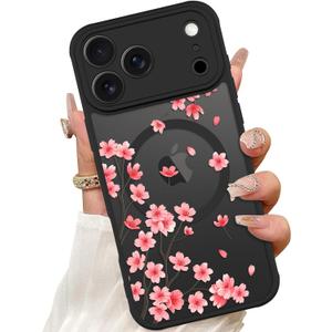 ZIYE Magnetic Case for iPhone 17 Pro Max 6.9 Inch [Compatible with MagSafe] Hard PC and Soft TPU Case with Cherry Blossom Pink Floral Anti-Scratch Shockproof Protection Phone Cover for Women