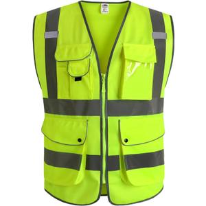 JKSafety 9 Pockets Class 2 High Visibility Zipper Front Safety Vest With Reflective Strips,Meets ANSI/ISEA Standard (Large)