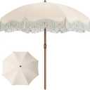7ft Patio Umbrella with Fringe, Boho Beach Umbrellas, Outdoor Tassels Umbrellas with Push Button Tilt & Carrying Bag, 8 Windproof Fiberglass Ribs, UPF50+