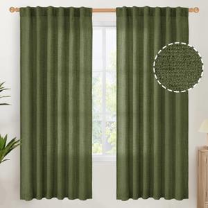 YoungsTex Olive Green Linen Semi Sheer Curtains 72 Inch Length for Living Room, Light Filtering Drape Rod Pocket Back Tab Window Treatment for Bedroom Dining, 2 Panels, 52 X 72 Inch