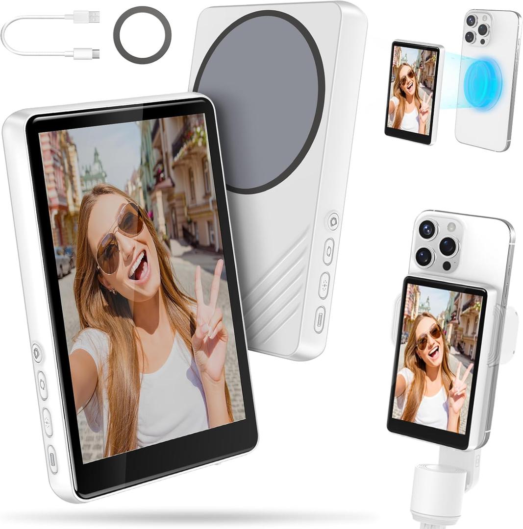 Selfie Monitor Screen iPhone, Newest Magnetic Phone Vlog Back Camera Monitor for Content Creator, Influencer, Live Streaming and TikTok, Snaplylens for iPhone Android Selfie Screen (White)