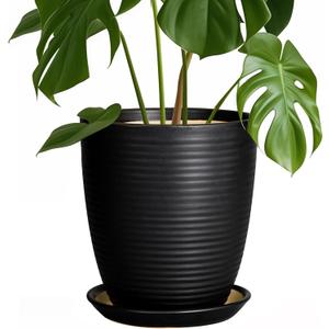 Ceramic Plant Pot - 8 Inch Ceramic Planter for Indoor Plants Glazed Round Flower Pot with Drainage Hole and Saucer Black