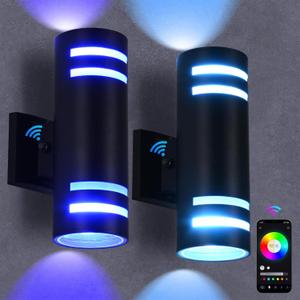 futxnziey RGB Up and Down Lights Outdoor Wall Lights 2 Packs, Smart Color Changing Outdoor Wall Sconce WiFi Voice & App Control,Aluminum Waterproof Exterior Lights for Porch Compatible with Alexa (Black-Cylinder 2)