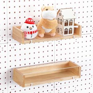 Marsui 2 Pcs Wooden Pegboard Shelf with Acrylic 12.2 x 3.94 Inch Wood Display Shelves Brackets with Metal Hooks Heavy Duty Pegboard Accessories for Storage and Organization